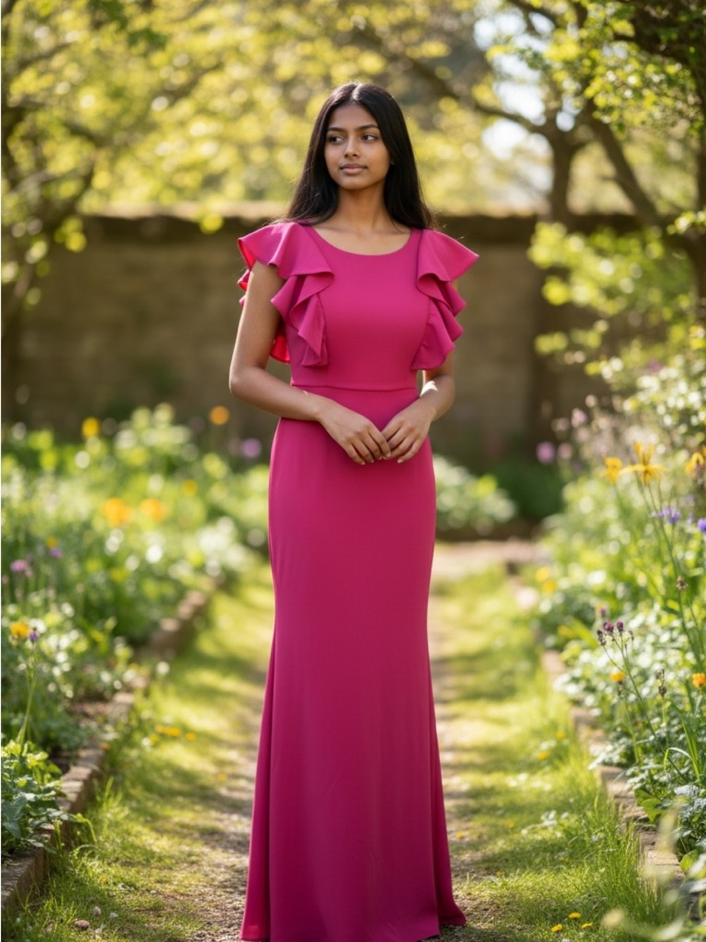Badgley Mischka Fuchsia Ruffle-Back Formal Dress